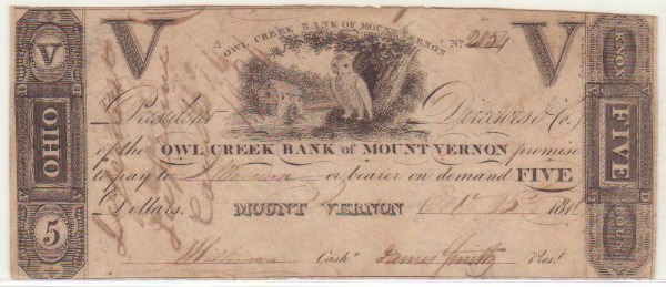 $5.00 Owl Creek Banknote of Mount Vernon, Ohio Owl Creek Banknote